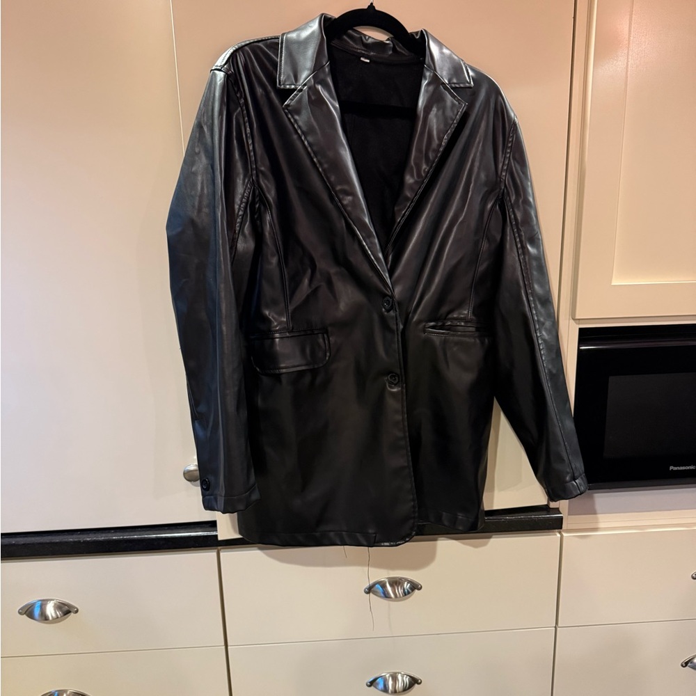 Black Faux Leather Blazer Jacket